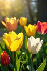 Fototapeta premium Vibrant spring blooms, tulips & daffodils in full sun , yellow, white