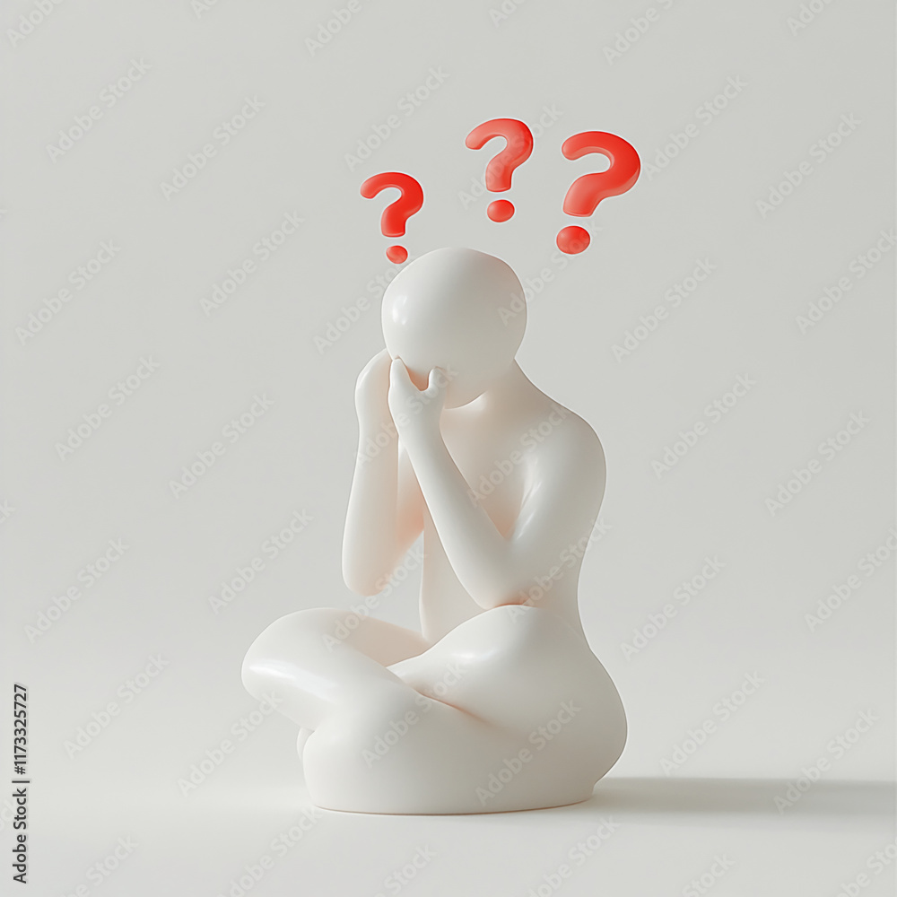 Poster Minimalist white sculpture of a sitting figure with red question marks overhead on a plain background