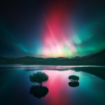 Pink northern lights over a coastal mountain landscape, County Donegal, Ireland
