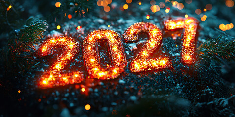 2027, new year background, holiday celebration, sparkling text, glowing numbers, winter scenery, festive lights, holiday decorations, snowy background, celebration theme, winter holiday, f