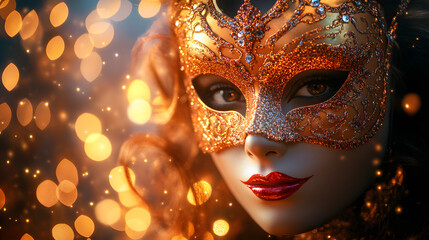 A Captivating Carnival of Color with Lavish Venetian Masks Creating an Unforgettable Masquerade Party Experience Illuminated by Bokeh Lights