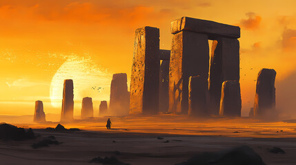 Majestic sunrise at stonehenge, casting golden light over ancient stones and evoking mystery and history in a breathtaking landscape. Stonehenge. Illustration