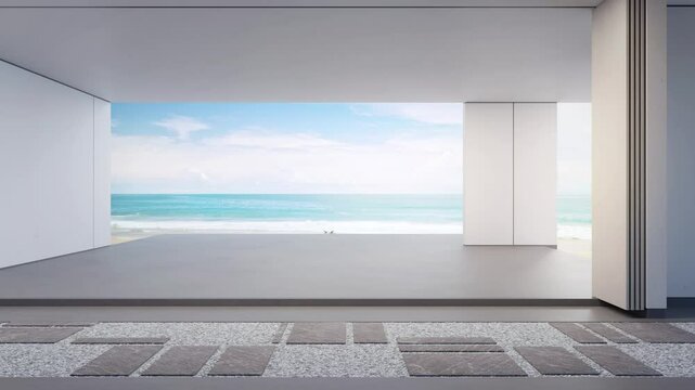 Sea view empty large living room of luxury summer beach house with terrace. Concrete floor and white wall in vacation home or holiday villa. Hotel interior 3d illustration.