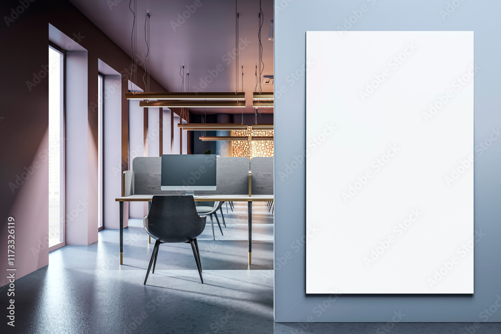 Aufkleber modern office interior with a vertical blank canvas on the wall, showcasing a clean and sophisticate