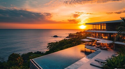 Sunset poolside luxury villa coastal paradise aesthetic view