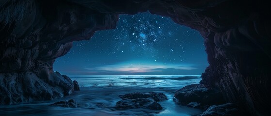 A night sky studded with stars, seen from a cave against the calm ocean, would be a great backdrop for romantic and adventure stories, as well as for book cover designs and posters.