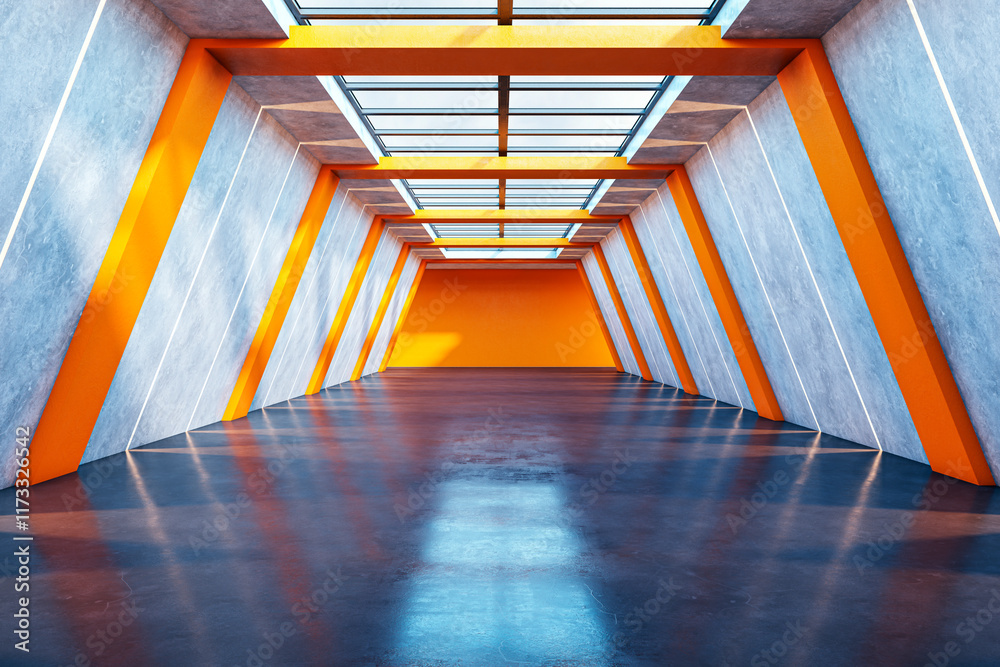 Aufkleber modern corridor with orange and gray walls, skylight ceiling, and reflective floor creating a futuri