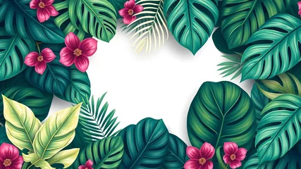 Fotobehang Tropical leaves pattern in minimal green with contour line art style design, wallpaper, fabric © Chalermrach