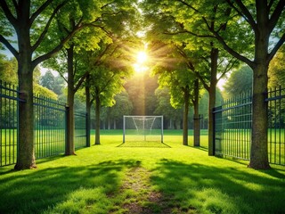 Obraz premium Lush Green Football Field Under Shade Trees, Stadium Gates