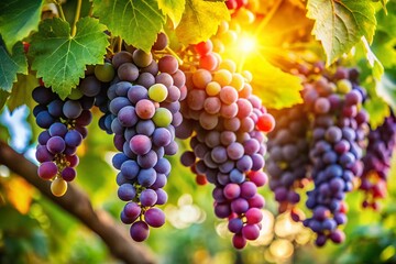 Naklejka premium Lush Green Grapevine with Ripe Purple Grapes Hanging from Vines - Harvest Season Vineyard