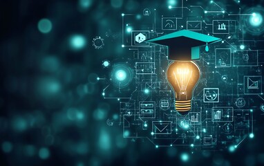 Internet education course degree concept with lightbulb, graduation hat, and education icons, symbolizing online learning, elearning graduate programs, and webinar classes