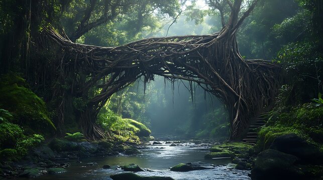 Living root bridge with natural bridges, intertwined roots, and lush rainforest, featuring a serene stream and dense vegetation