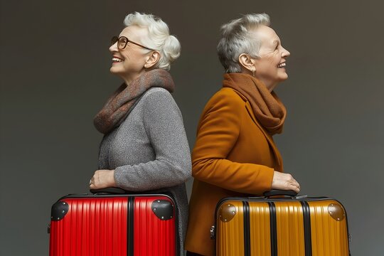 Happy mature women holding suitcases ready to travel on vacation journey, joyous excitement anticipation, smiling faces, grey hair. 