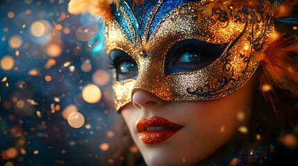 A Captivating Carnival of Color with Lavish Venetian Masks Creating an Unforgettable Masquerade Party Experience Illuminated by Bokeh Lights