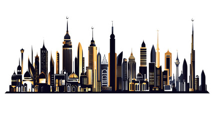 Fototapeta premium Islamic Skyline Vector in Black, Gold and White. isolated transparent background