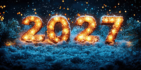 2027, new year background, holiday celebration, sparkling text, glowing numbers, winter scenery, festive lights, holiday decorations, snowy background, celebration theme, winter holiday, f