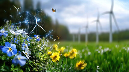 Green technology harnesses wind energy and eco-friendly materials. Vibrant Flowers with Wind Turbines in a Green Landscape