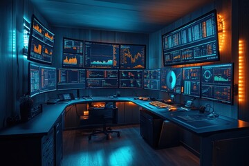 High-tech trading room filled with multiple screens displaying financial data and stock charts at night