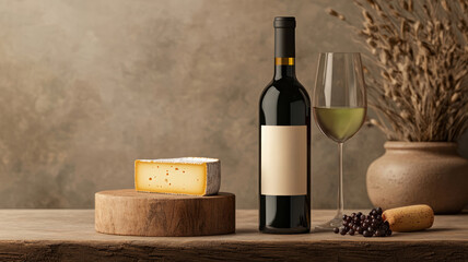 Naklejka premium Red wine bottle with blank label, cheese wedge, green wine glass, cork, and rustic decor on wooden table