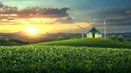 Green technology harnesses wind energy and eco-friendly materials. Sustainable House Surrounded by Green Fields and Wind Turbines