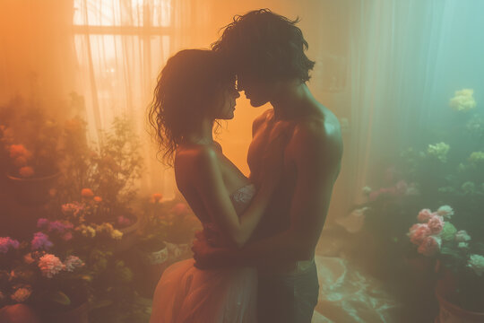 A loving couple hugs each other in a warm living room filled with flowers. Cinematic lighting. International Hug Day.