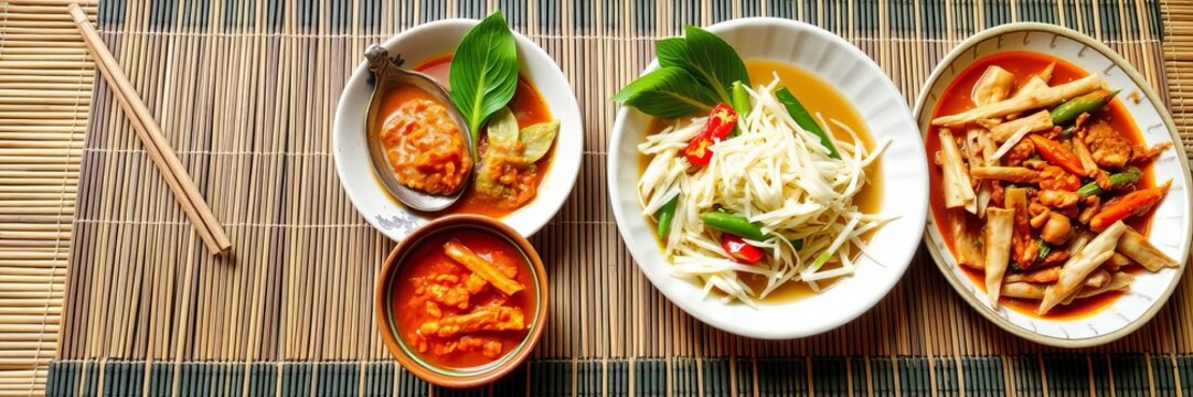 Traditional khantoke dinner set with a variety of Thai dishes on a bamboo mat, bamboo, cuisine
