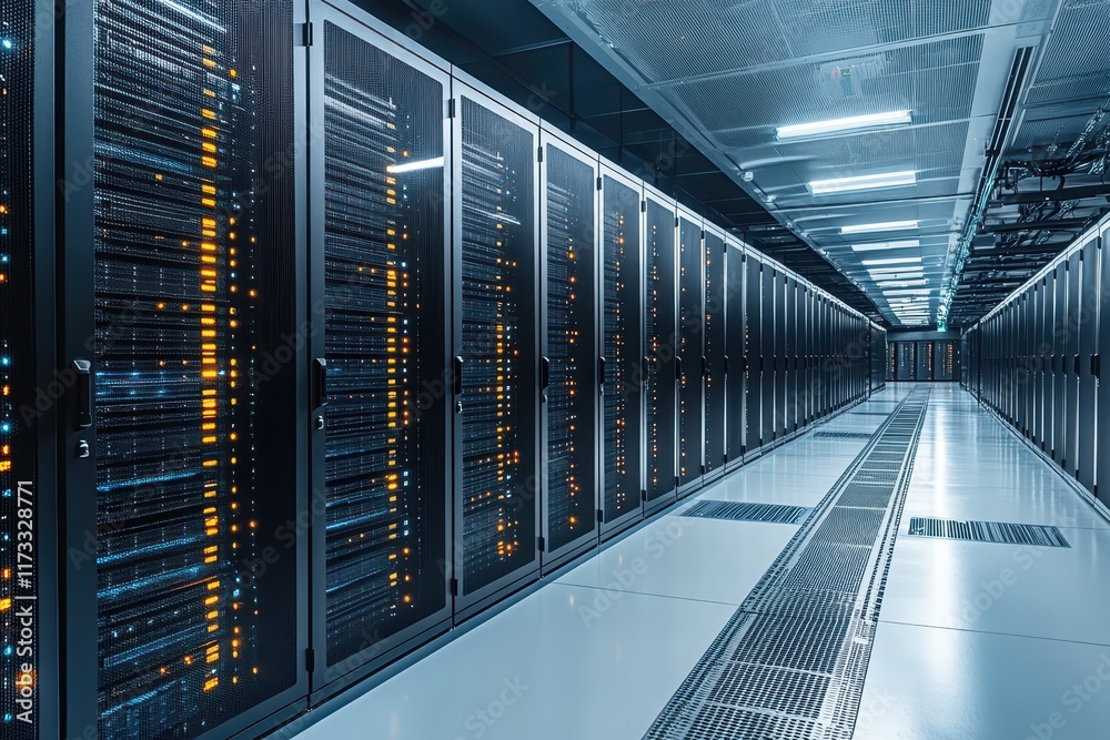 Poster rows of servers in a modern data center showcasing advanced technology and efficient design