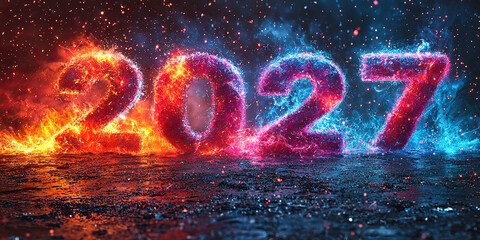 2027, new year background, holiday celebration, sparkling text, glowing numbers, winter scenery, festive lights, holiday decorations, snowy background, celebration theme, winter holiday, f