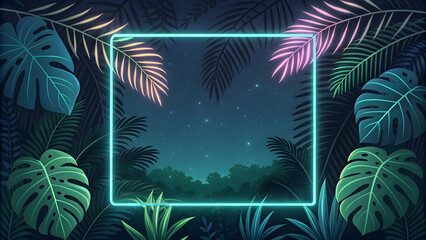 Vibrant Tropical Jungle Scene with Neon Frame and Starry Sky