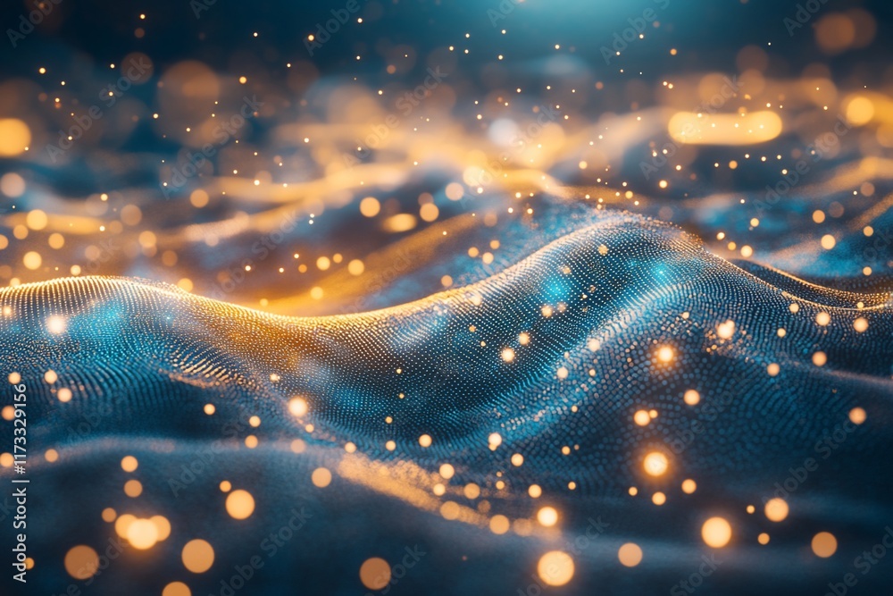 Poster abstract blue and gold particle wave background.