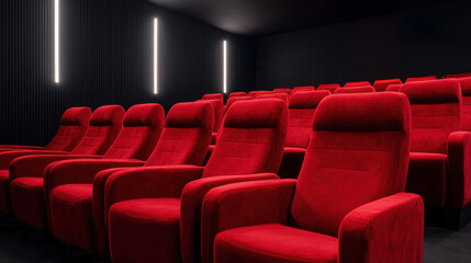 Fototapeta premium Cinematic with plush red velvet seats modern theater interior