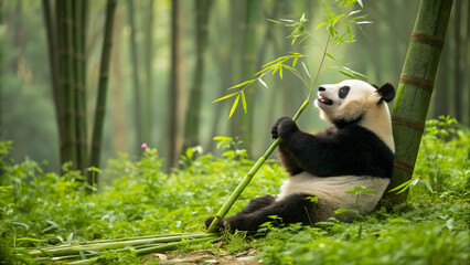 Fototapeta premium Adorable panda sitting on ground munching on bamboo in tranquil forest