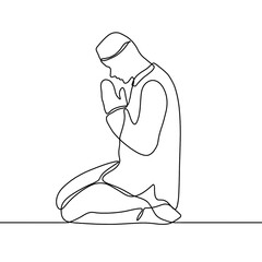 Muslim praying - single line drawing. Continuous line drawing of muslim man pray and raise hand for ramadhan and ied mubarak.