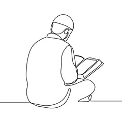 Muslim praying - single line drawing. Continuous line drawing of muslim man pray and raise hand for ramadhan and ied mubarak.