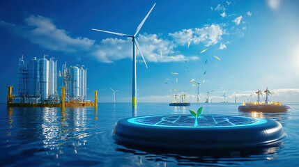 Green technology harnesses wind energy and eco-friendly materials. Renewable Energy Innovation with Green Plant Growth On Water