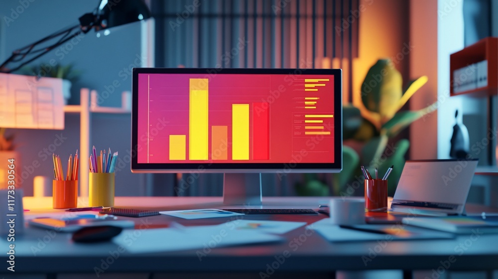 Poster Modern office desk at night with computer displaying a bar chart.