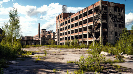 Fototapeta premium A squad-based tactical shooter environment set in an abandoned futuristic industrial facility, with dim lighting, metallic corridors, cover points, and strategic vantage spots for intense team-based