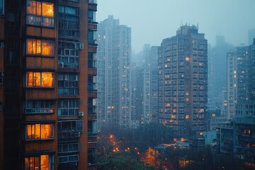 Urban skyline illuminated by rainy night in a busy city landscape