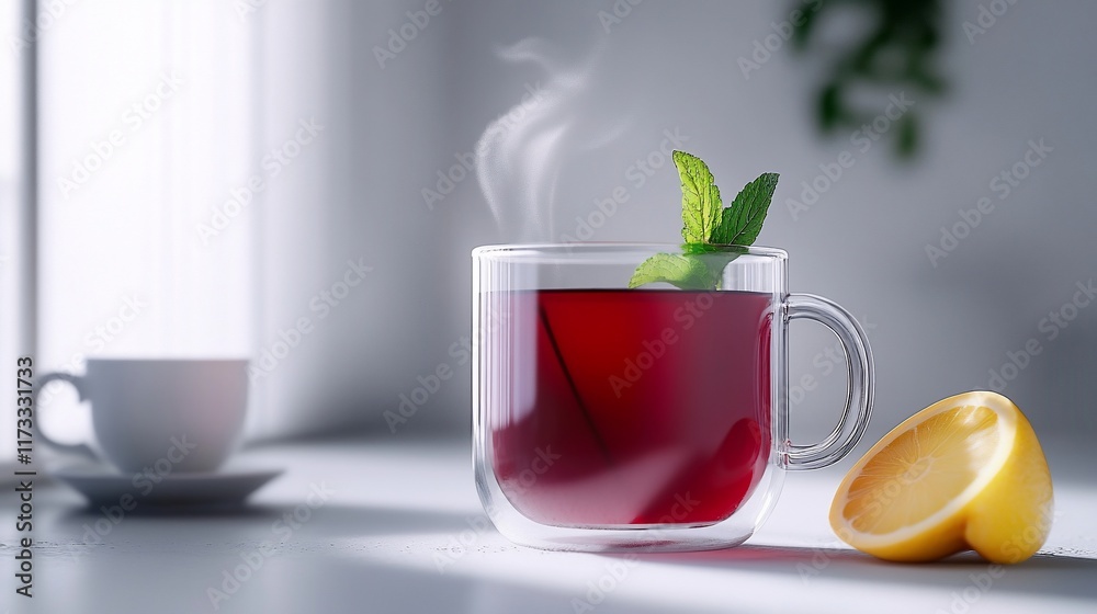 Poster Steaming cup of red tea with lemon and mint on a table by the window.