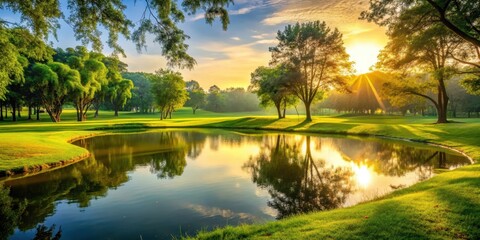 Soft golden light illuminates a serene green grass field in a public park during morning hours, with gentle ripples on a small pond and trees in the background, green grass, peaceful scene