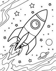 Cute rocket in space outline line art coloring page, Kids coloring book