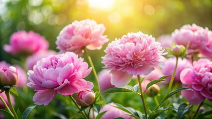 Fototapeta premium Softly glowing light falls on a lush garden filled with fluffy pink peony flowers in full bloom against a gentle greenery backdrop , nature, blooming