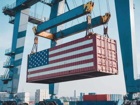 Unas grandes gr&uacute;as levantando un contenedor de env&iacute;o. El contenedor tiene la bandera de Estados Unidos pintada en el frente
