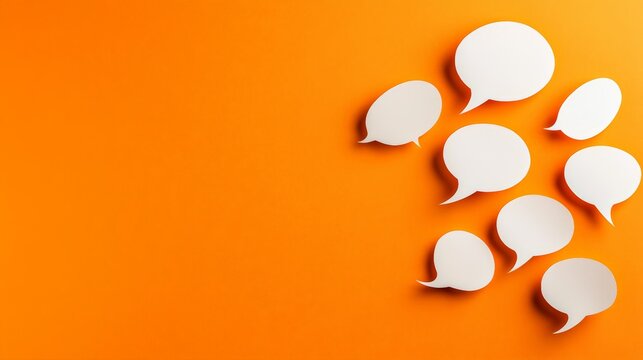 White speech bubbles arranged on an orange background create a visual representation of active communication, symbolizing a dialogue, questions, answers and the exchange of ideas or opinions