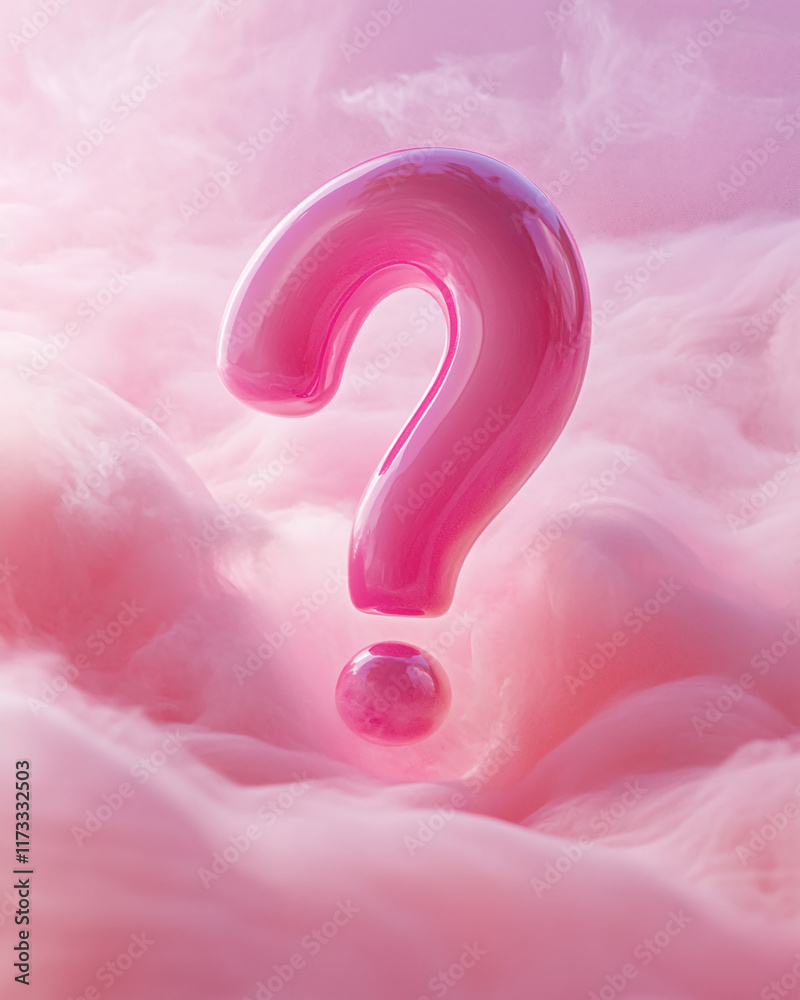 Poster glossy pink large question mark floating in soft, fluffy pink clouds under a dreamy sky