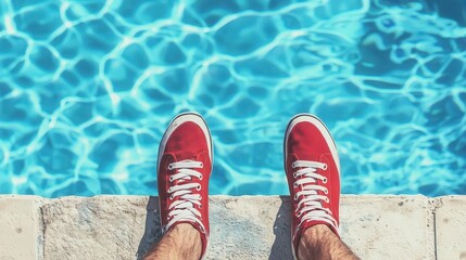 Naklejka premium Swimmer poised on the edge of a pool, ready to dive, their mind locked on the finish line, focus, goalsetting, direction