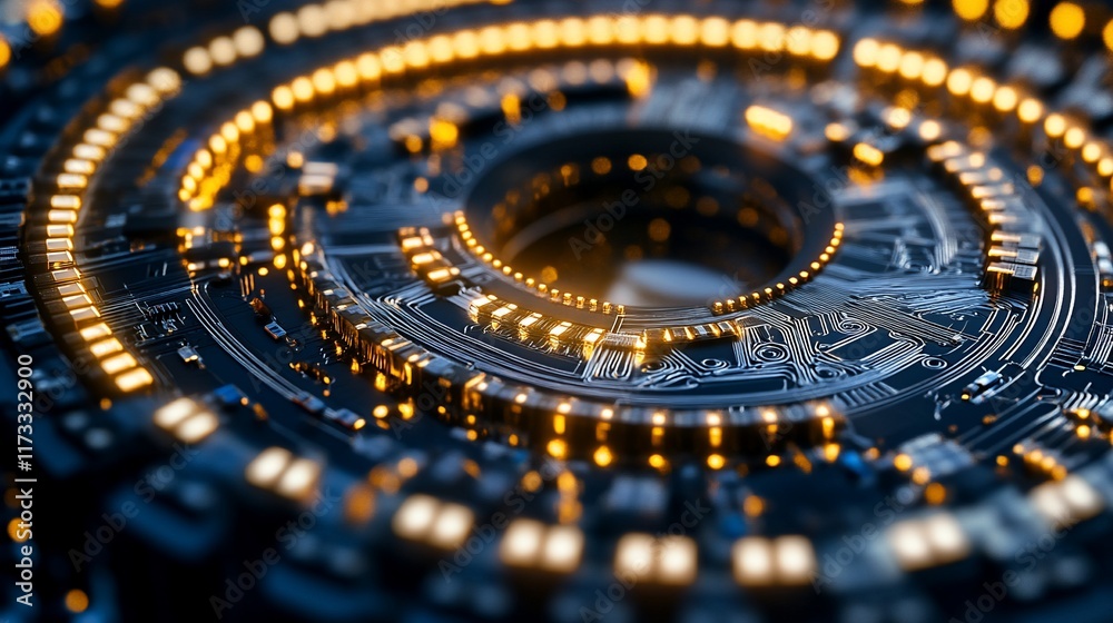 Poster abstract circular tech design with glowing lights, intricate circuitry, and a dark blue background.