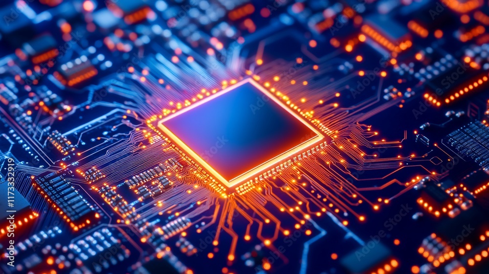 Aufkleber close-up of a central processing unit (cpu) on a circuit board, glowing orange.