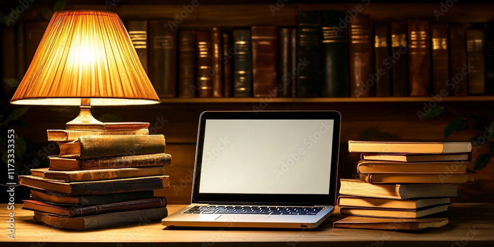 Poster laptop and books on desk lit by lamp, bookshelf in background.