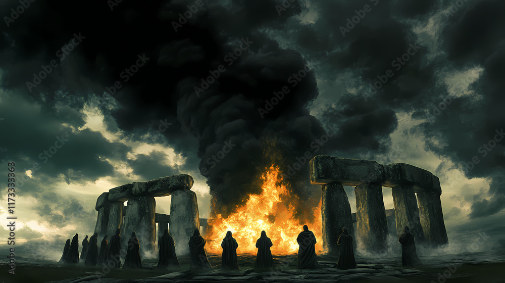 Wall mural A dark fantasy setting where stonehenge is the center of a forbidden ritual, with hooded figures chanting around a large bonfire and eerie black clouds swirling overhead. Stonehenge. Illustration